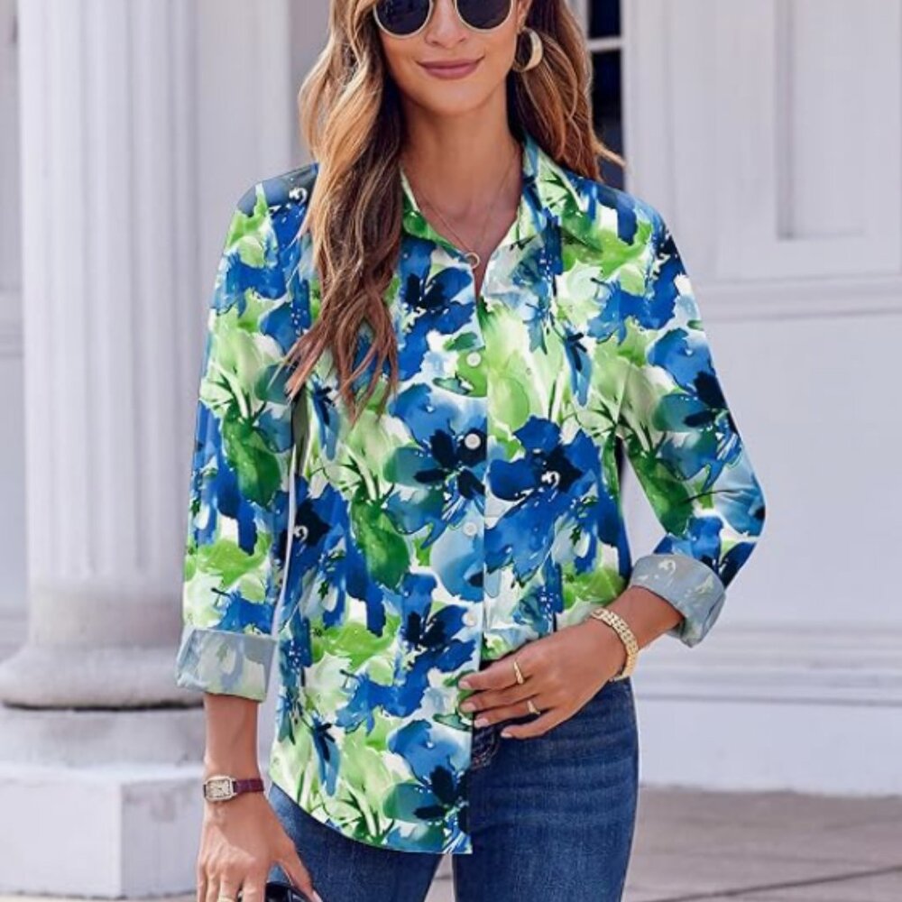 Zeagoo Women’s Blouse XXL Floral Blue Green Long Sleeve Button-Down